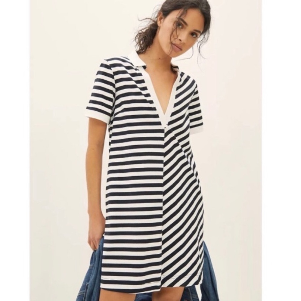 Anthropologie stripe Rugby Polo dress Maeve Black White L 10-12 NWT